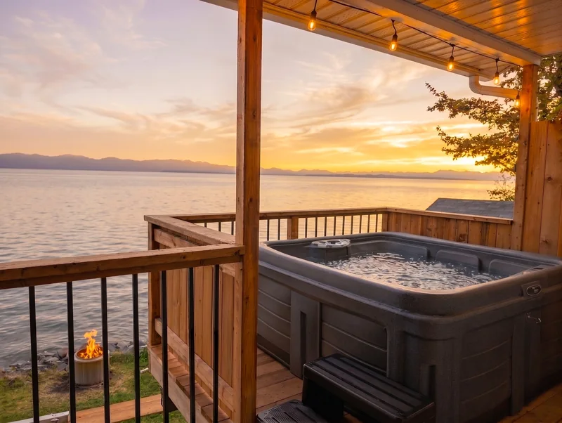 Spa privé sur une terrasse couverte face au fleuve au coucher du soleil